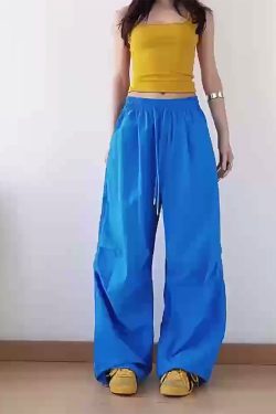 American Retro Blue Wide-Leg Cargo Pants for Women - Summer Loose Fit Casual Sports Floor-Length Trousers