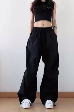 American Retro Blue Wide-Leg Cargo Pants for Women - Summer Loose Fit Casual Sports Floor-Length Trousers
