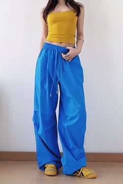 American Retro Blue Wide-Leg Cargo Pants for Women - Summer Loose Fit Casual Sports Floor-Length Trousers