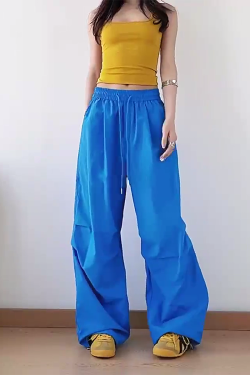 American Retro Blue Wide-Leg Cargo Pants for Women - Summer Loose Fit Casual Sports Floor-Length Trousers