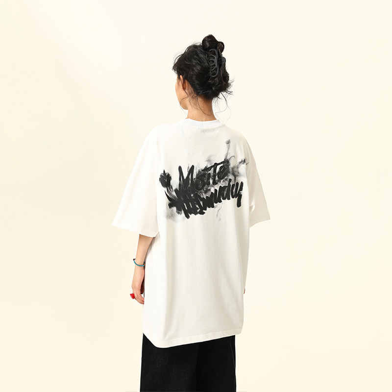 American Retro Blurry Letter Short Sleeve T-Shirt for Men and Women - Heavyweight Pure Cotton Summer Couple Tee American Retro Blurry Letter Short Sleeve T-Shirt for Men and Women - Heavyweight Pure Cotton Summer Couple Tee