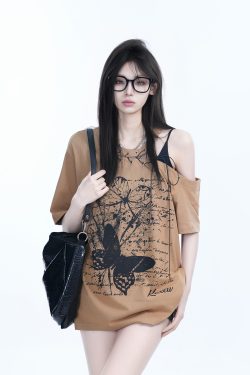 American Retro Butterfly Graffiti Off-Shoulder Short-Sleeve T-Shirt for Women – Trendy Y2K Niche Style for Hot Girls