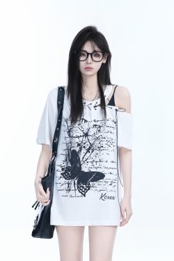 American Retro Butterfly Graffiti Off-Shoulder Short-Sleeve T-Shirt for Women – Trendy Y2K Niche Style for Hot Girls