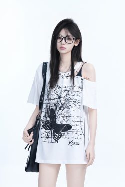 American Retro Butterfly Graffiti Off-Shoulder Short-Sleeve T-Shirt for Women – Trendy Y2K Niche Style for Hot Girls
