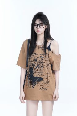 American Retro Butterfly Graffiti Off-Shoulder Short-Sleeve T-Shirt for Women – Trendy Y2K Niche Style for Hot Girls