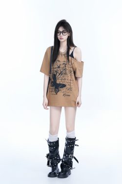 American Retro Butterfly Graffiti Off-Shoulder Short-Sleeve T-Shirt for Women – Trendy Y2K Niche Style for Hot Girls