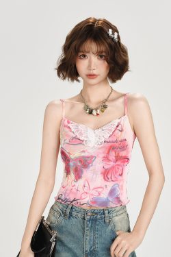 American Retro Butterfly Mesh Camisole - Spicy Girl Slim Fit Summer Top for Women, Y2K Style, Trendy and Chic