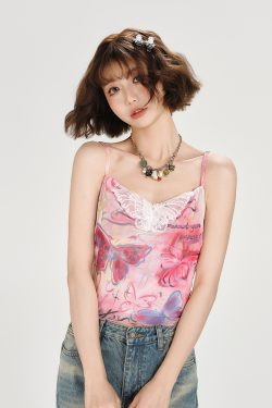 American Retro Butterfly Mesh Camisole - Spicy Girl Slim Fit Summer Top for Women, Y2K Style, Trendy and Chic