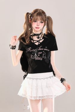 American Retro Butterfly Print Short Sleeve T-Shirt for Girls, Summer Ruffled Drawstring Slim Fit Cropped Top, Y2K Style