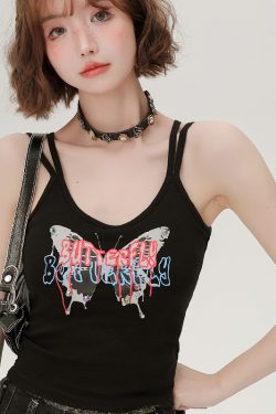 American Retro Butterfly Strap Camisole for Women - Fitted Summer Tank Top with Chest Pads, Spicy Girl Style