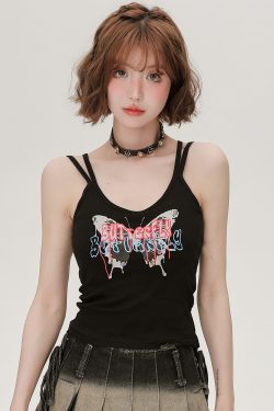 American Retro Butterfly Strap Camisole for Women - Fitted Summer Tank Top with Chest Pads, Spicy Girl Style