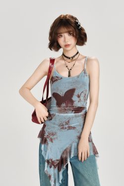 American Retro Butterfly Strap Dress for Women - Summer Mesh Floating Ribbon Design, Slim Fit, Girly Style