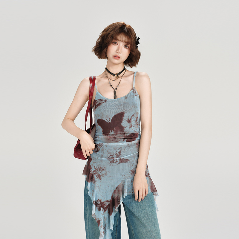 American Retro Butterfly Strap Dress for Women - Summer Mesh Floating Ribbon Design, Slim Fit, Girly Style American Retro Butterfly Strap Dress for Women - Summer Mesh Floating Ribbon Design, Slim Fit, Girly Style