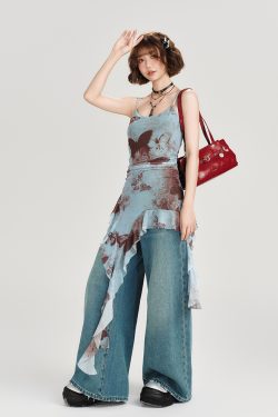 American Retro Butterfly Strap Dress for Women - Summer Mesh Floating Ribbon Design, Slim Fit, Girly Style