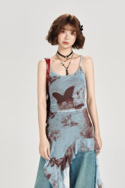 American Retro Butterfly Strap Dress for Women - Summer Mesh Floating Ribbon Design, Slim Fit, Girly Style