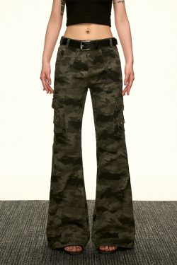American Retro Camouflage Multi-Pocket Work Pants for Women - Summer Slim Flared Wide-Leg Floor-Length Style