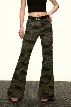American Retro Camouflage Multi-Pocket Work Pants for Women - Summer Slim Flared Wide-Leg Floor-Length Style