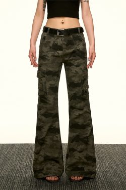 American Retro Camouflage Multi-Pocket Work Pants for Women - Summer Slim Flared Wide-Leg Floor-Length Style