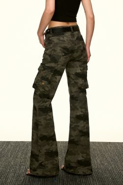 American Retro Camouflage Multi-Pocket Work Pants for Women - Summer Slim Flared Wide-Leg Floor-Length Style