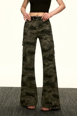 American Retro Camouflage Multi-Pocket Work Pants for Women - Summer Slim Flared Wide-Leg Floor-Length Style