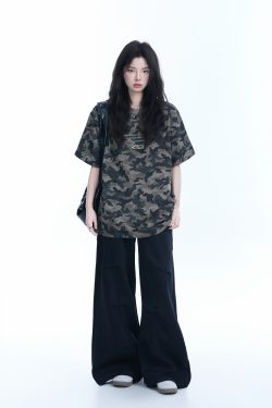 American Retro Camouflage Oversized Short Sleeve T-Shirt for Women - Summer Loose Fit Tee with Graphic Design