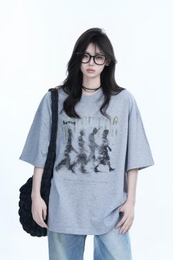 American Retro Character Black Short-Sleeve T-Shirt for Women - Summer Heavy Loose Round Neck Trendy Tee