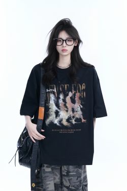 American Retro Character Black Short-Sleeve T-Shirt for Women - Summer Heavy Loose Round Neck Trendy Tee