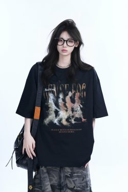 American Retro Character Black Short-Sleeve T-Shirt for Women - Summer Heavy Loose Round Neck Trendy Tee