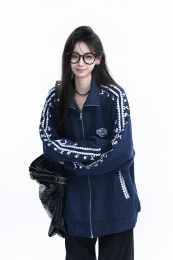 American Retro Cherry Bow Embroidered Cardigan Sweatshirt for Women - Plush Loose Zip-Up Jacket, Y2K Inspired Fashion