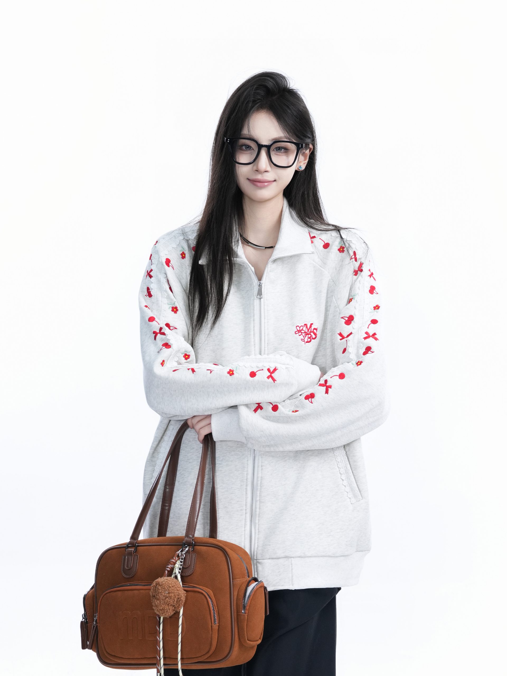 American Retro Cherry Bow Embroidered Cardigan Sweatshirt for Women - Plush Loose Zip-Up Jacket, Y2K Inspired Fashion American Retro Cherry Bow Embroidered Cardigan Sweatshirt for Women - Plush Loose Zip-Up Jacket, Y2K Inspired Fashion