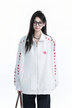 American Retro Cherry Bow Embroidered Cardigan Sweatshirt for Women - Plush Loose Zip-Up Jacket, Y2K Inspired Fashion