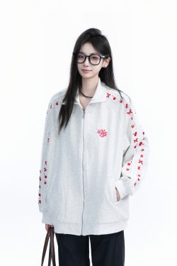 American Retro Cherry Bow Embroidered Cardigan Sweatshirt for Women - Plush Loose Zip-Up Jacket, Y2K Inspired Fashion