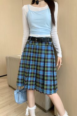 American Retro College Style Scottish Plaid Pleated Skirt - Women's Mid-Length A-Line Checkered Summer Skirt