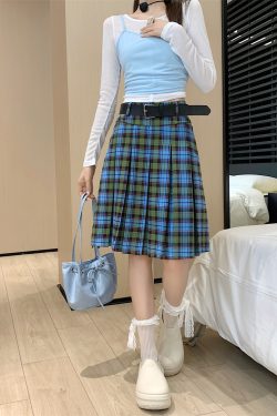 American Retro College Style Scottish Plaid Pleated Skirt - Women's Mid-Length A-Line Checkered Summer Skirt