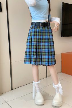 American Retro College Style Scottish Plaid Pleated Skirt - Women's Mid-Length A-Line Checkered Summer Skirt