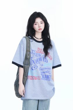 American Retro Color-Block Round Neck Short Sleeve T-Shirt for Women - Loose Fit Summer Style, Casual Couple Top