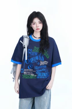 American Retro Color-Block Round Neck Short Sleeve T-Shirt for Women - Loose Fit Summer Style, Casual Couple Top