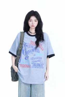 American Retro Color-Block Round Neck Short Sleeve T-Shirt for Women - Loose Fit Summer Style, Casual Couple Top