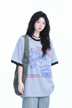 American Retro Color-Block Round Neck Short Sleeve T-Shirt for Women - Loose Fit Summer Style, Casual Couple Top