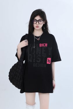 American Retro Color-Blocked Letter Short Sleeve T-Shirt for Women - Unique Loose Trendy Style, Casual Vintage 90s Fashion