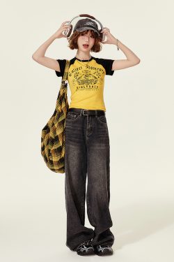 American Retro Color-Blocked Short-Sleeve T-Shirt for Women, Summer Spicy Girl Cropped Fitted Top, 90s Y2K Style