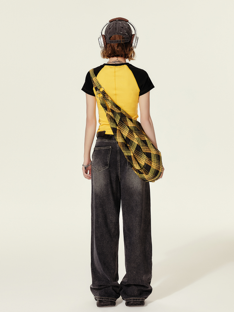 American Retro Color-Blocked Short-Sleeve T-Shirt for Women, Summer Spicy Girl Cropped Fitted Top, 90s Y2K Style American Retro Color-Blocked Short-Sleeve T-Shirt for Women, Summer Spicy Girl Cropped Fitted Top, 90s Y2K Style