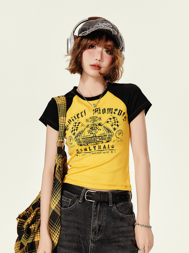 American Retro Color-Blocked Short-Sleeve T-Shirt for Women, Summer Spicy Girl Cropped Fitted Top, 90s Y2K Style American Retro Color-Blocked Short-Sleeve T-Shirt for Women, Summer Spicy Girl Cropped Fitted Top, 90s Y2K Style