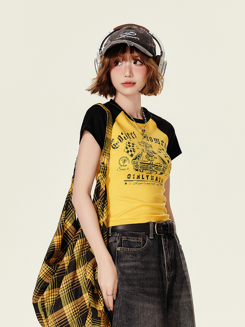 American Retro Color-Blocked Short-Sleeve T-Shirt for Women, Summer Spicy Girl Cropped Fitted Top, 90s Y2K Style American Retro Color-Blocked Short-Sleeve T-Shirt for Women, Summer Spicy Girl Cropped Fitted Top, 90s Y2K Style