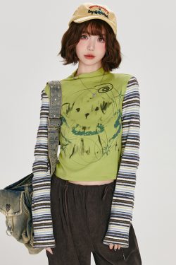 American Retro Color-Blocked Striped Long Sleeve T-Shirt for Women - Fitted High-Neck Autumn Style Top