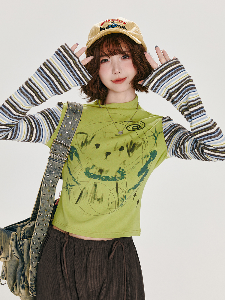 American Retro Color-Blocked Striped Long Sleeve T-Shirt for Women - Fitted High-Neck Autumn Style Top American Retro Color-Blocked Striped Long Sleeve T-Shirt for Women - Fitted High-Neck Autumn Style Top