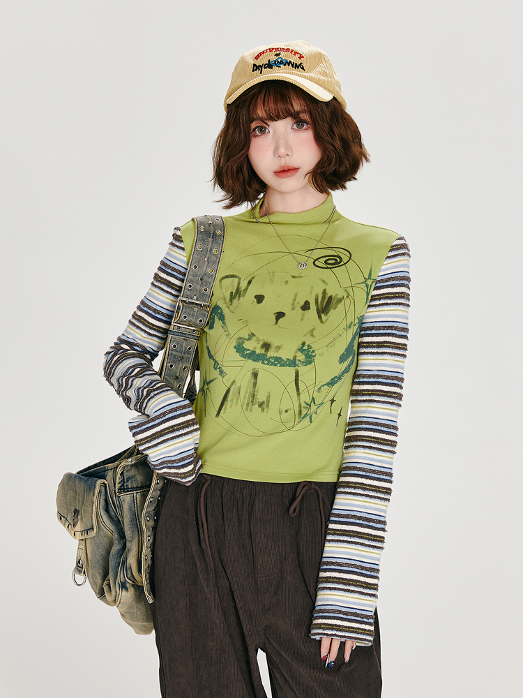 American Retro Color-Blocked Striped Long Sleeve T-Shirt for Women - Fitted High-Neck Autumn Style Top American Retro Color-Blocked Striped Long Sleeve T-Shirt for Women - Fitted High-Neck Autumn Style Top