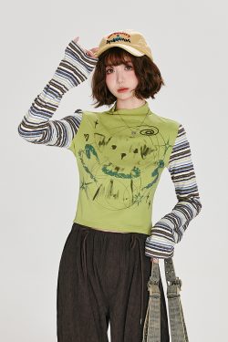 American Retro Color-Blocked Striped Long Sleeve T-Shirt for Women - Fitted High-Neck Autumn Style Top