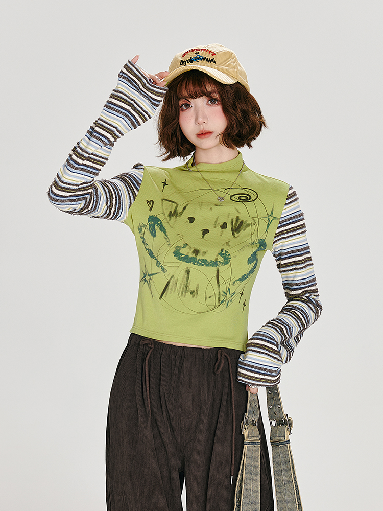 American Retro Color-Blocked Striped Long Sleeve T-Shirt for Women - Fitted High-Neck Autumn Style Top American Retro Color-Blocked Striped Long Sleeve T-Shirt for Women - Fitted High-Neck Autumn Style Top