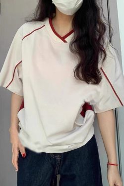 American Retro Color-Blocked V-Neck Short Sleeve T-Shirt for Women - Trendy Summer Sports College Style Top